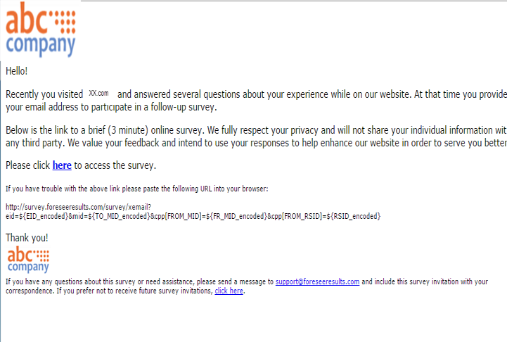 ForeSee Sent Email Example